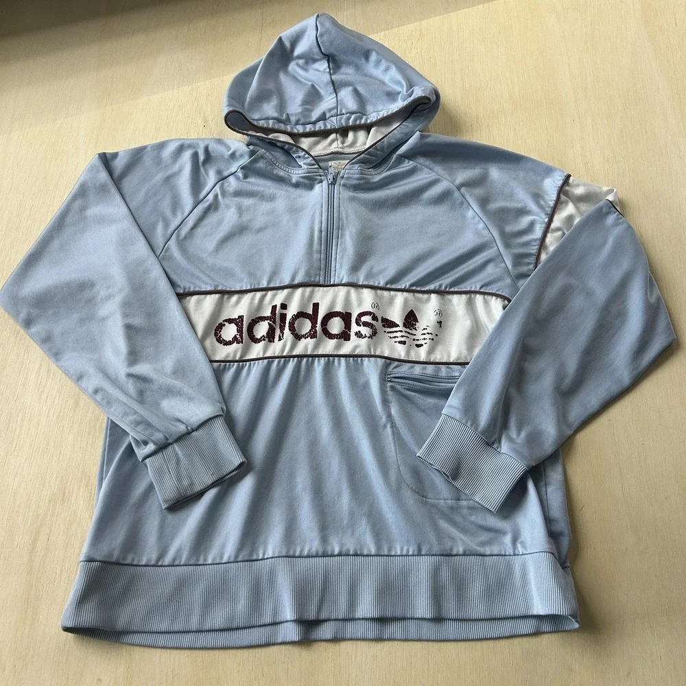 Vintage Adidas Originals Hoodie Mens Large Blue 1/4 Zip Pullover Logo Sweatshirt